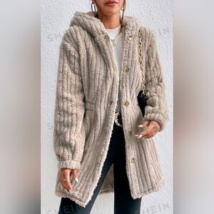 Essnce Button Front Hooded Teddy Coat